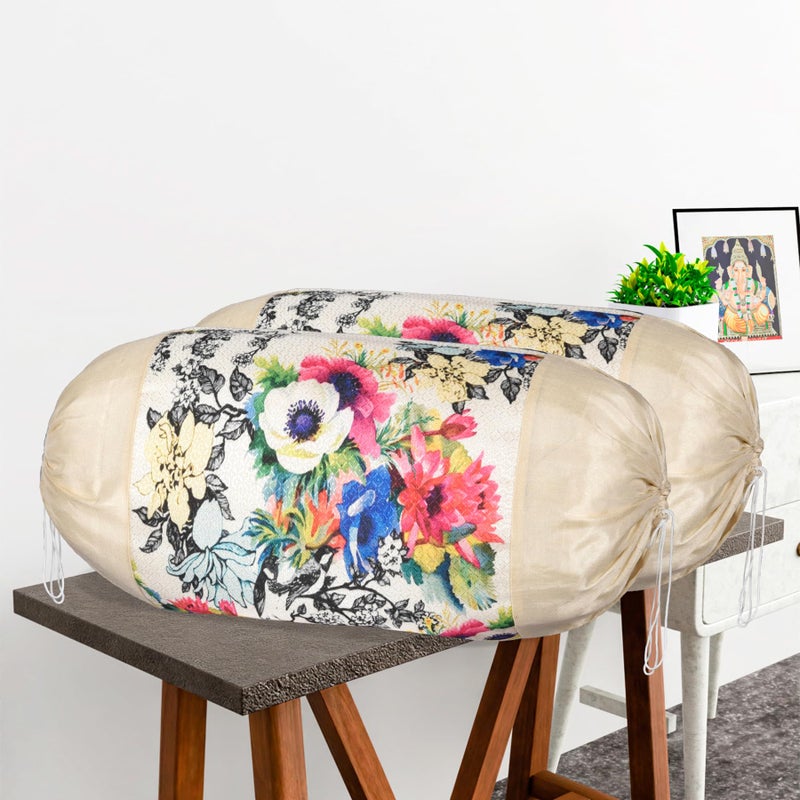 Kuber Industries Set of 2 Bolster/Side Pillow Cover | 16"x32" Cylindrical Masland/Masand Long Pillow Cover For Diwan Pillows | Mix Flower-Cream - Image 2