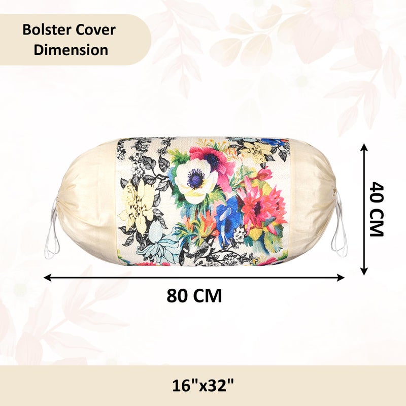 Kuber Industries Set of 2 Bolster/Side Pillow Cover | 16"x32" Cylindrical Masland/Masand Long Pillow Cover For Diwan Pillows | Mix Flower-Cream - Image 3