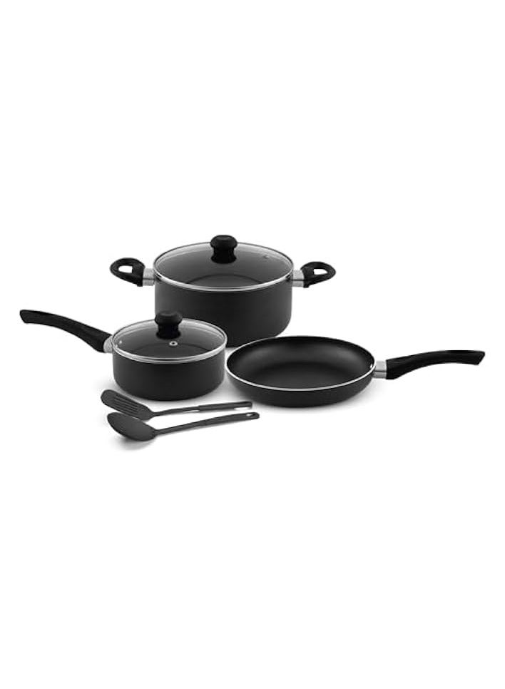 Green Tiger 7 piece Nonstick Cookware Set - 10X Tougher Coating, Compatible with Hot Plate, Ceramic & Gas Surfaces - 24cm Casserole with Lid, 18cm Saucepan with Lid, 24cm Frypan and 2 Nylon Spatulas