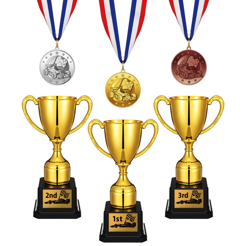 Jinei 6 Pcs Pinewood Car Races Trophies Medals Set 1st 2nd 3rd Gifts Award Medals with Red White Blue Neck Ribbon 7 Inch Gold Plastic Derby Trophies for Kids Pinewood Race Car Match Sports - Image 1