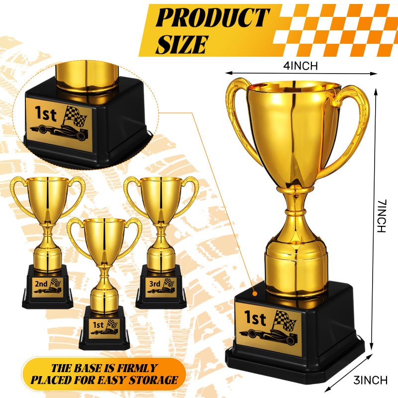 Jinei 6 Pcs Pinewood Car Races Trophies Medals Set 1st 2nd 3rd Gifts Award Medals with Red White Blue Neck Ribbon 7 Inch Gold Plastic Derby Trophies for Kids Pinewood Race Car Match Sports - Image 3