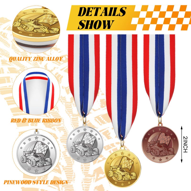 Jinei 6 Pcs Pinewood Car Races Trophies Medals Set 1st 2nd 3rd Gifts Award Medals with Red White Blue Neck Ribbon 7 Inch Gold Plastic Derby Trophies for Kids Pinewood Race Car Match Sports - Image 2