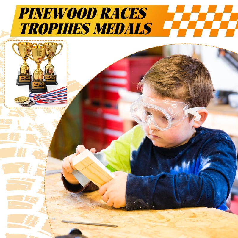 Jinei 6 Pcs Pinewood Car Races Trophies Medals Set 1st 2nd 3rd Gifts Award Medals with Red White Blue Neck Ribbon 7 Inch Gold Plastic Derby Trophies for Kids Pinewood Race Car Match Sports - Image 5