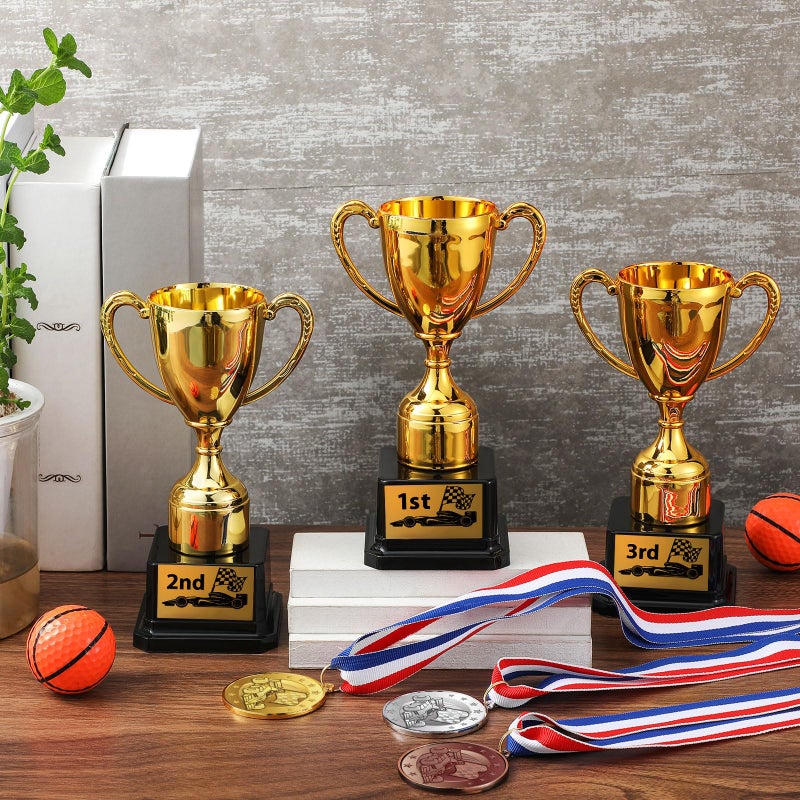 Jinei 6 Pcs Pinewood Car Races Trophies Medals Set 1st 2nd 3rd Gifts Award Medals with Red White Blue Neck Ribbon 7 Inch Gold Plastic Derby Trophies for Kids Pinewood Race Car Match Sports - Image 4