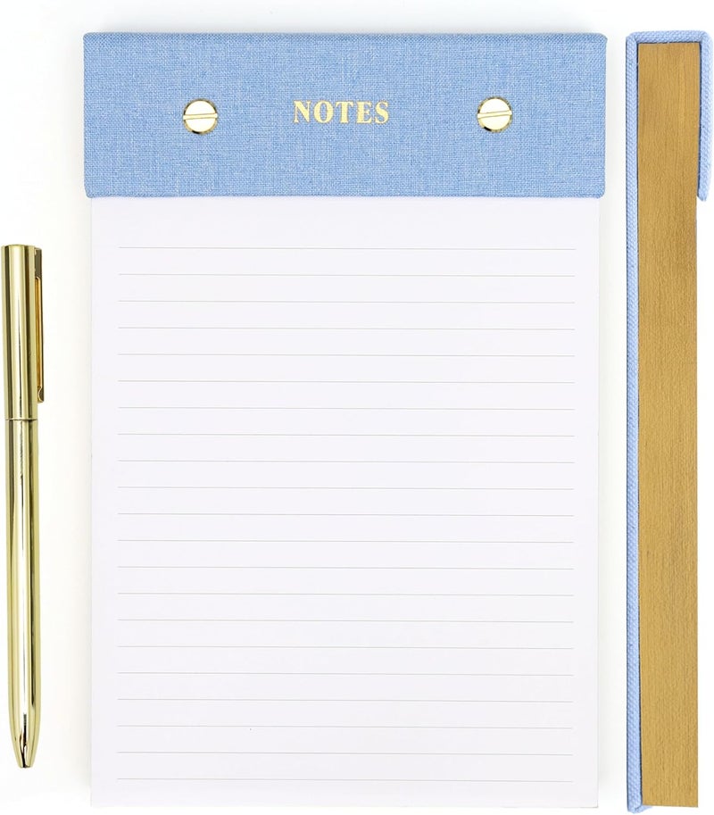 ELYN Lined Notepad, Aesthetic Linen Memo Pad With Matching Gold Gel Pen, 125 Sheets, 8.1 x 5.3 in - 100 GSM Premium Thick Paper, Perforated Pages & Hard Linen Backing, For Work, School or Home (Blue) - Image 1