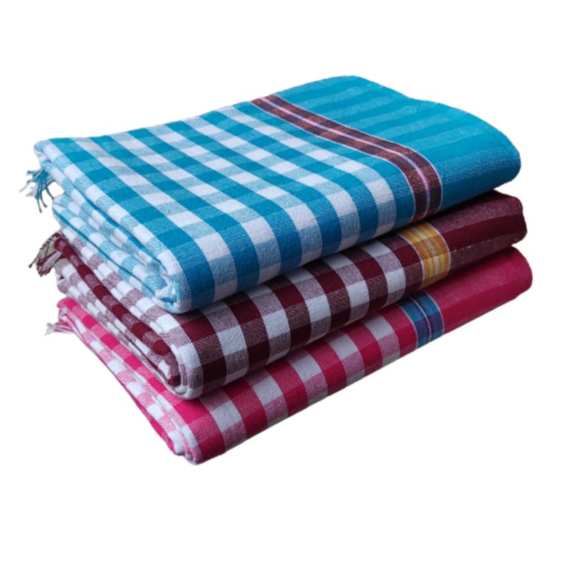 VUNNAVA® Handloom 100% Pure Cotton Towels XXXL Size 36/72Inch(90/180cm) 3/6feet Heavy Quality (Pack of 3) - Design 4 - Image 1