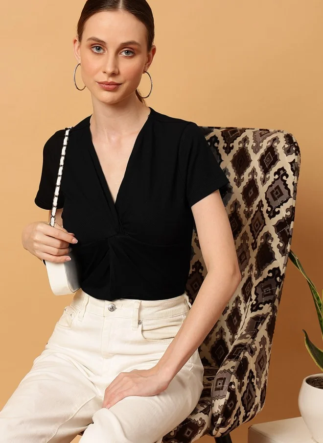 MINT STREET Black V-Neck Twisted Top for Women