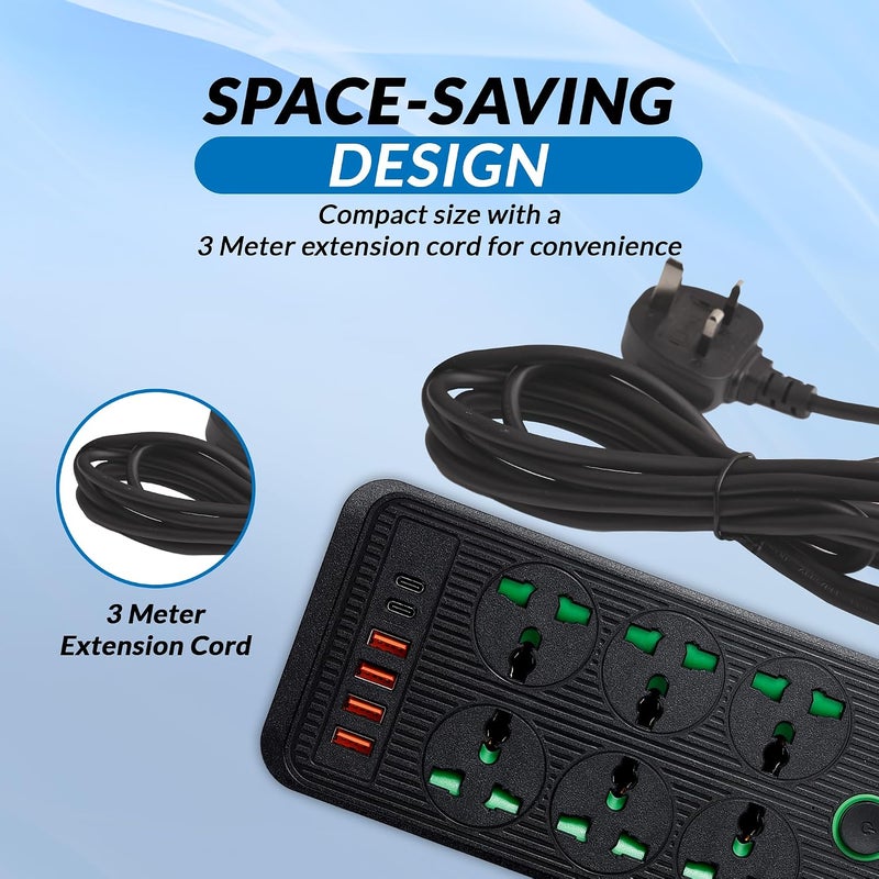 DANEEN Power Extension cord | 3M 3 Core Cable with 10A Fused UK 3 PIN Plug, 06 Power Outlets, 2 Type C and 6 USB 4.8A Fast Charging Ports, Surge & Overload Protection | Push button & LED Indicator - Image 2
