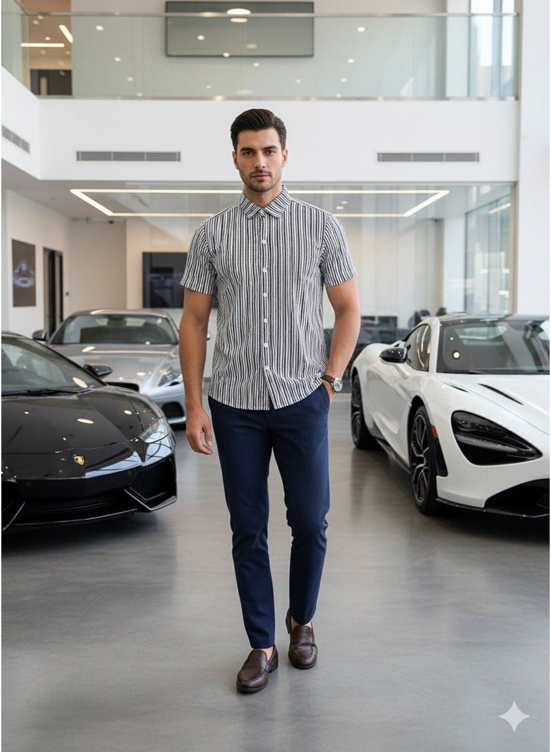 ريزاريز قميص رجالي كاجوال مخطط بقصّة Slim Fit وأكمام قصيرة
