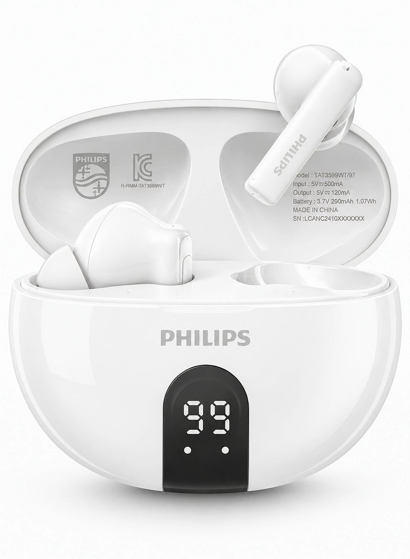 Philips TAT3559WT 3000 Series True Wireless Earbuds – Premium White Finish, Powerful Sound, Extended Playtime White - Image 1