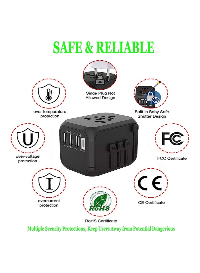 Travel Adapter, Worldwide All in One Universal Travel Adapter Wall AC Power Plug Adapter Wall Charger with Smart High Speed 3 USB Ports  1 Type C Ports, USA EU UK AU Asia 160 Countries - Image 2