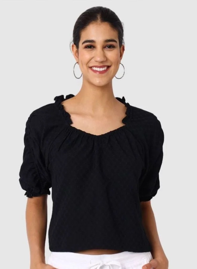 Women Regular Fit Textured Scoop Neck Short Sleeve Ruched Top