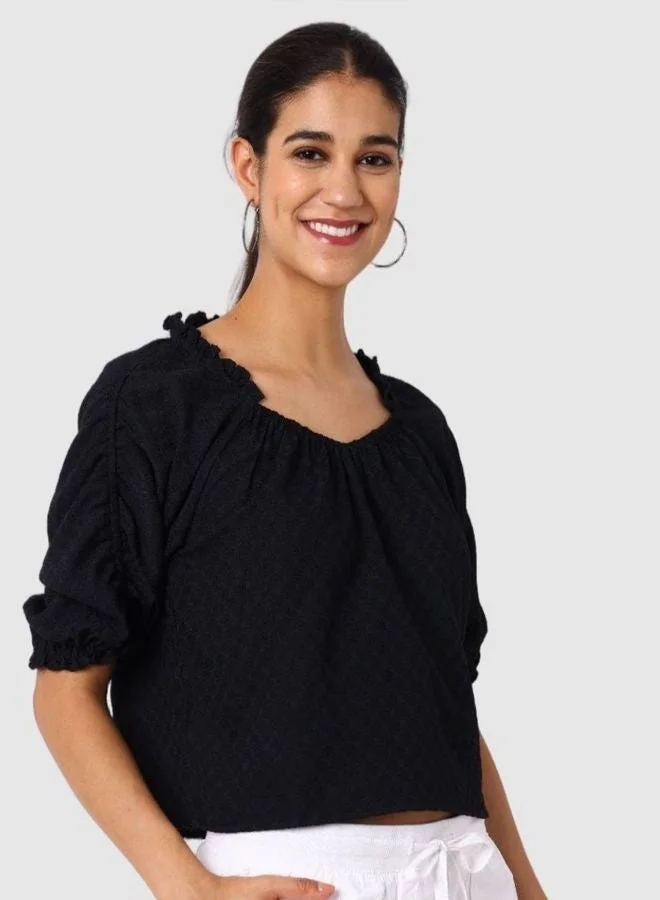 Freehand  Women Regular Fit Textured Scoop Neck Short Sleeve Ruched Top  | Best Price UAE