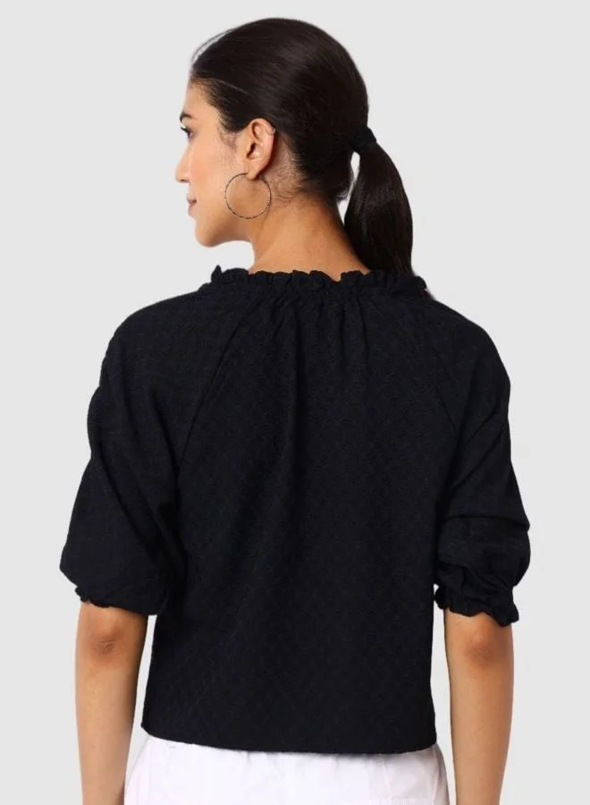 Freehand  Women Regular Fit Textured Scoop Neck Short Sleeve Ruched Top  | Best Price UAE