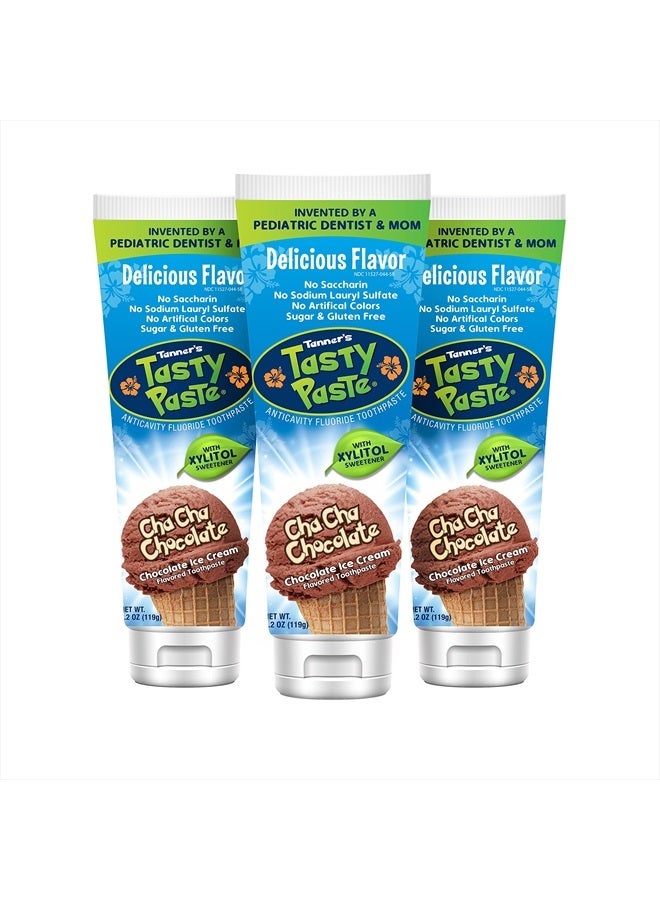 Tanner's Tasty Paste شوكولاتة تشا تشا - معجون أسنان للأطفال مضاد للتسوس بالفلورايد/معجون أسنان بنكهة الشوكولاتة لذيذ وآمن وفعال للأطفال (عبوة 3) - Image 1