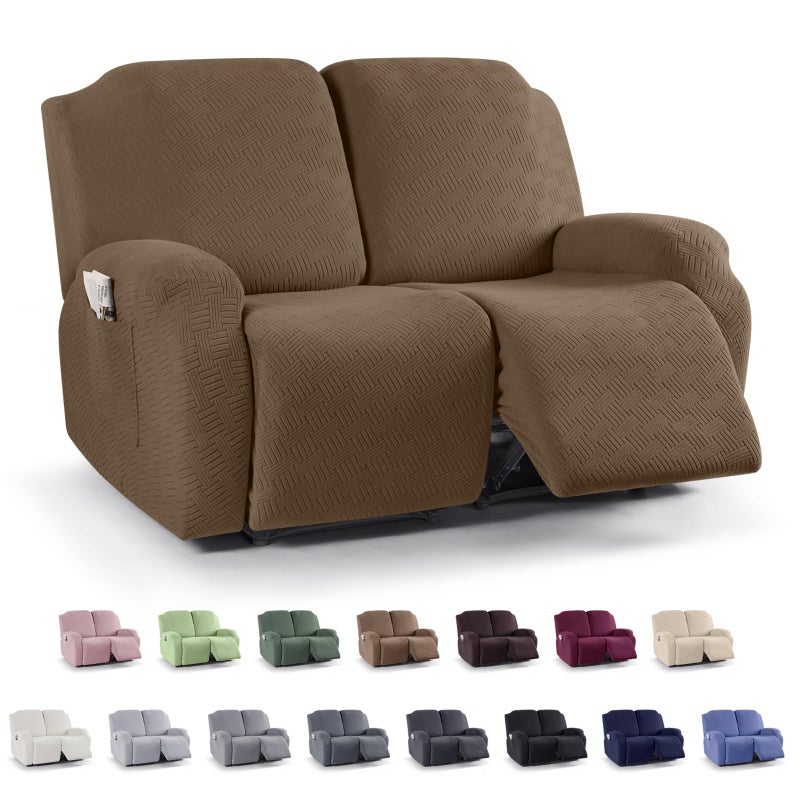 KinCam Recliner Covers Stretch Reclining Chair Covers Recliner Sofa Slipcovers Stripe Jacquard Recliner Couch Covers Furniture Protector Covers for Pet Kid 2 Seater Brown