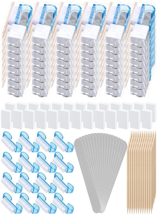 Leriton 100 Sets Professional Disposable Manicure Kit Basics 4 Piece Nail Kit Wood Nail File 100/180 Grit, Mini Buffer 80/100 Grit, Wood Stick and Handle Grip Brush Gifts (Blue) - Image 1