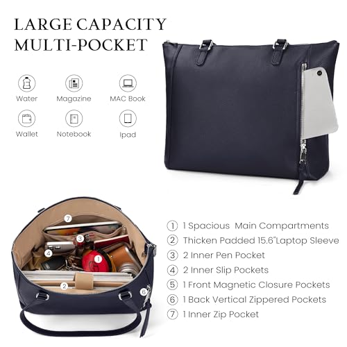 befen Genuine Leather Tote Bag for Women for Work, Large Tote Purse, Women's Large Soft Leather Handbags and Shoulder Bags Satchel Handbags with Top Handles for Work Travel, Navy Blue - Image 5