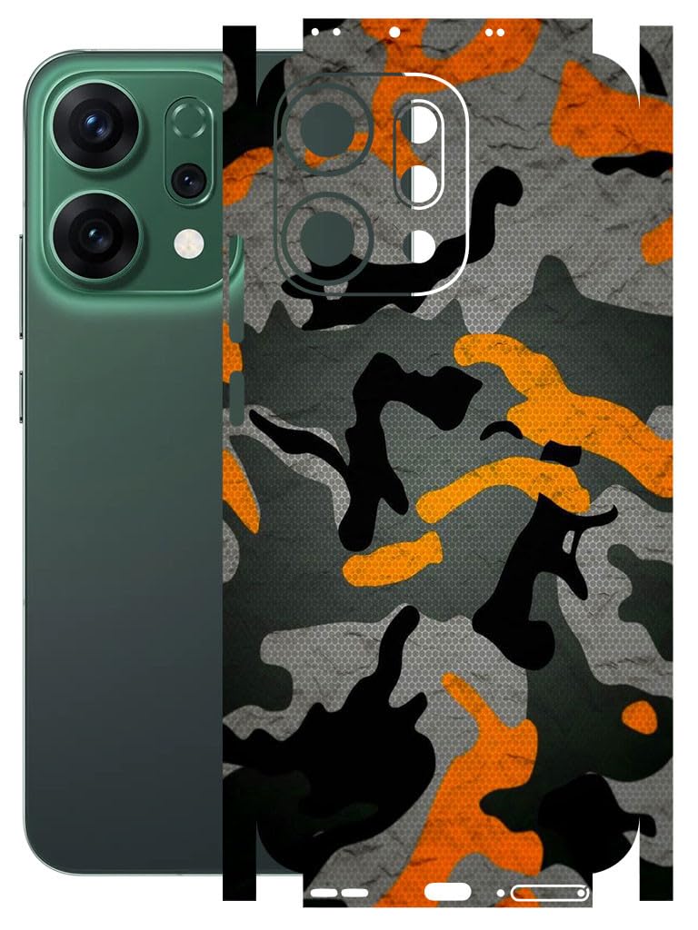 AtOdds Mobile Skin Sticker Wrap | Compatible for Oppo Reno 14 (5G) | Scratchproof Matte Finish | Full Coverage for All Sides & Camera Protection (Orange Camo) - Image 1