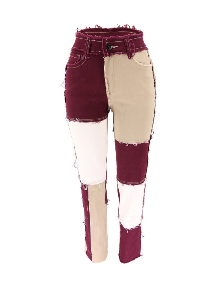 Loquat Trendy Variegated Panels, High-waisted Women's Straight-leg Denim Trousers - Image 1