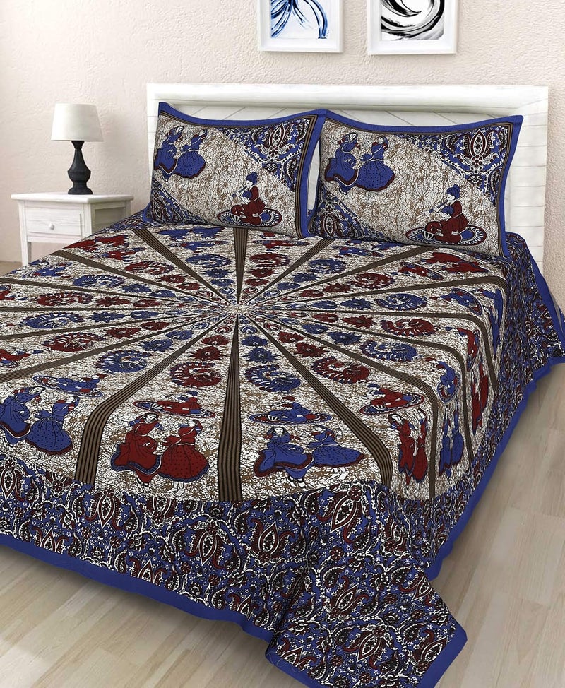 UNIBLISS 100 Cotton Comfort 151 TC Rajasthani Jaipuri Traditional King Size 1 Double Bedsheet with 2 Pillow Covers Multi