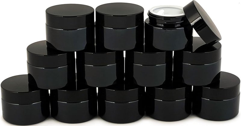 Vivaplex 12 Black 1 oz Round Glass Jars with Inner Liners and black Lids - Image 1