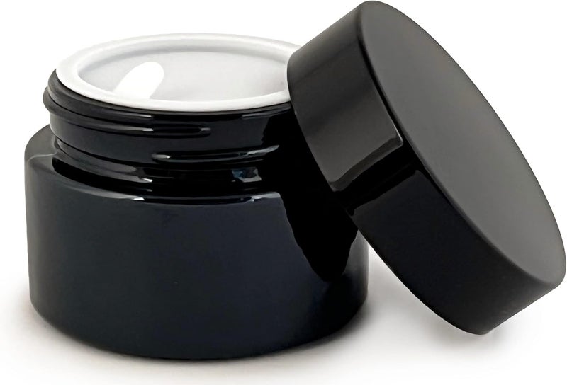 Vivaplex 12 Black 1 oz Round Glass Jars with Inner Liners and black Lids - Image 5