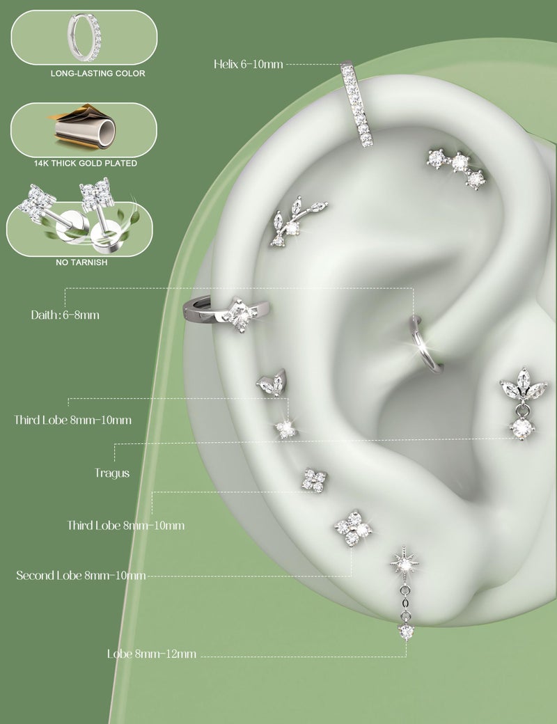 ORAZIO 16G Helix Piercing Jewelry Flat Back Cartilage Earrings for Women Hypoallergenic Surgical Steel Silver Stud Hoop Cartilage Earring Set Daith Conch Tragus Piercing Jewelry Flatback Single Pc G - Image 3