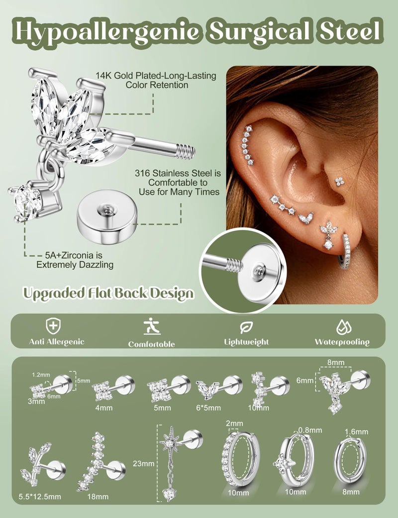 ORAZIO 16G Helix Piercing Jewelry Flat Back Cartilage Earrings for Women Hypoallergenic Surgical Steel Silver Stud Hoop Cartilage Earring Set Daith Conch Tragus Piercing Jewelry Flatback Single Pc G - Image 5