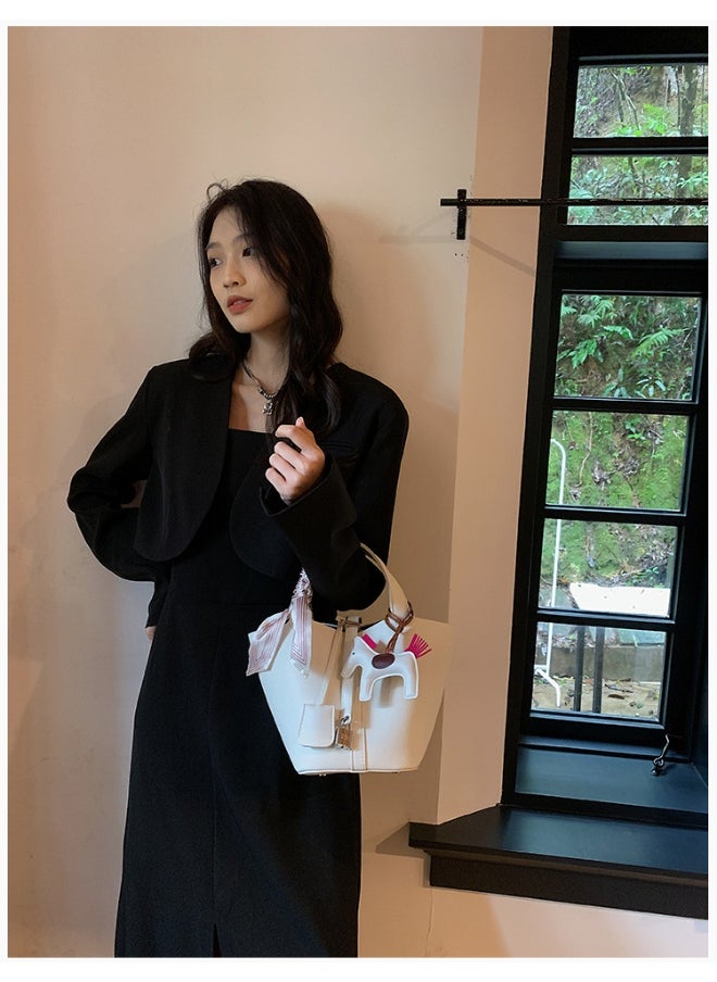 NIBEMINENT - Patchwork Pendant Decor Simple Design Satchel Bag Include Pony Pendant and Silk Scarf - Image 1