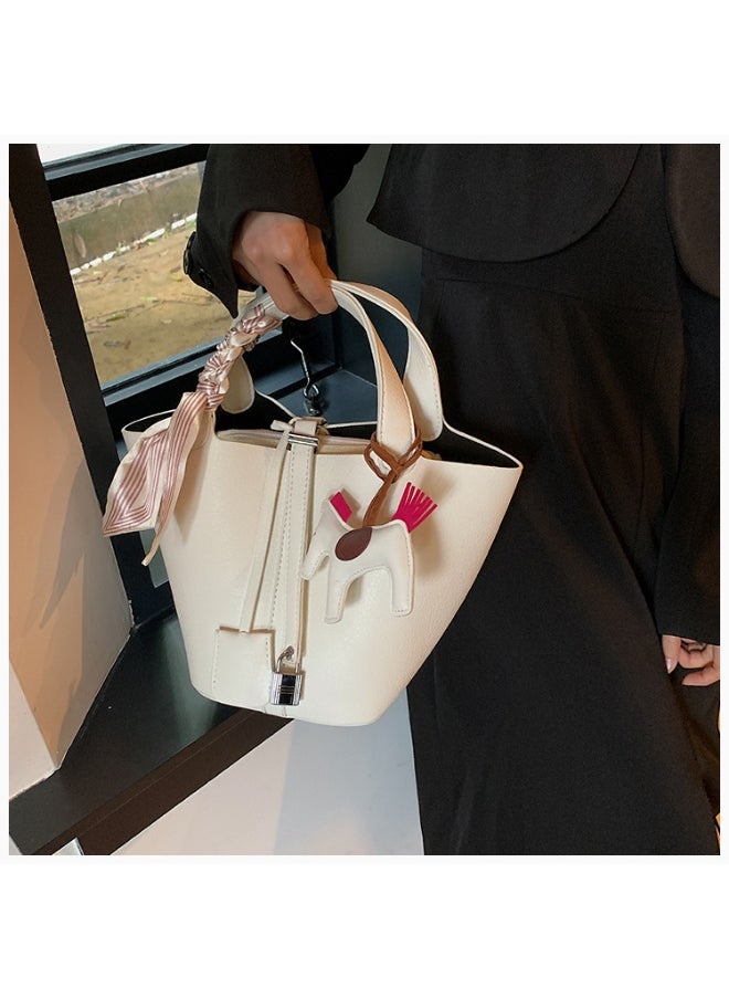 NIBEMINENT - Patchwork Pendant Decor Simple Design Satchel Bag Include Pony Pendant and Silk Scarf - Image 1