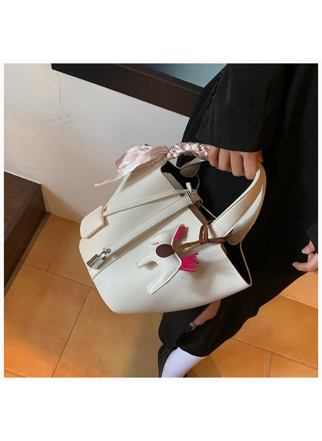 NIBEMINENT - Patchwork Pendant Decor Simple Design Satchel Bag Include Pony Pendant and Silk Scarf - Image 1