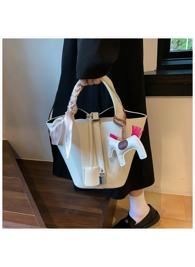 NIBEMINENT - Patchwork Pendant Decor Simple Design Satchel Bag Include Pony Pendant and Silk Scarf - Image 1