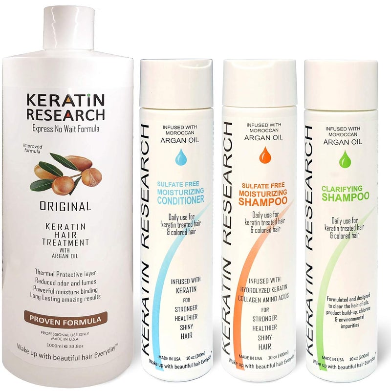 KERATIN RESEARCH Brazilian Keratin Blowout Straightening Smoothing Hair Treatment 4 Bottles 1000ml Kit Includes Sulfate Free Shampoo Conditioner set by Keratin Research Queratina Keratina Brasilera Tratamiento 