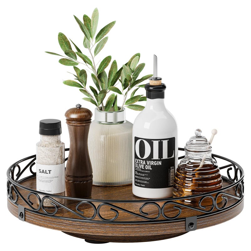 Yoobure 9" Lazy Susan Turntable for Cabinet - Farmhouse Wooden Round Tray for Table Top, 360° Rotating Lazy Susans Counter Organizer with Patterned Raised Edge for Kitchen Dining Table Decor, Walnut - Image 1