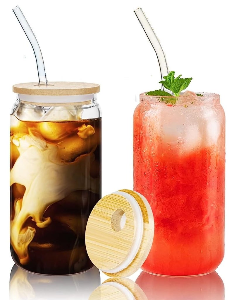 Kriva Export Drinking Glasses with Bamboo Lid and Glass Straw Beer Can Glass Can Shaped Tumbler Cup for Whiskey Tea Water Soda Cocktail Gift 8 - Image 3