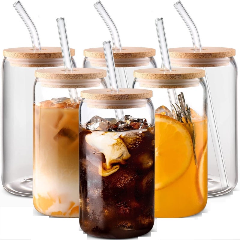 Kriva Export Drinking Glasses with Bamboo Lid and Glass Straw Beer Can Glass Can Shaped Tumbler Cup for Whiskey Tea Water Soda Cocktail Gift 8 - Image 1
