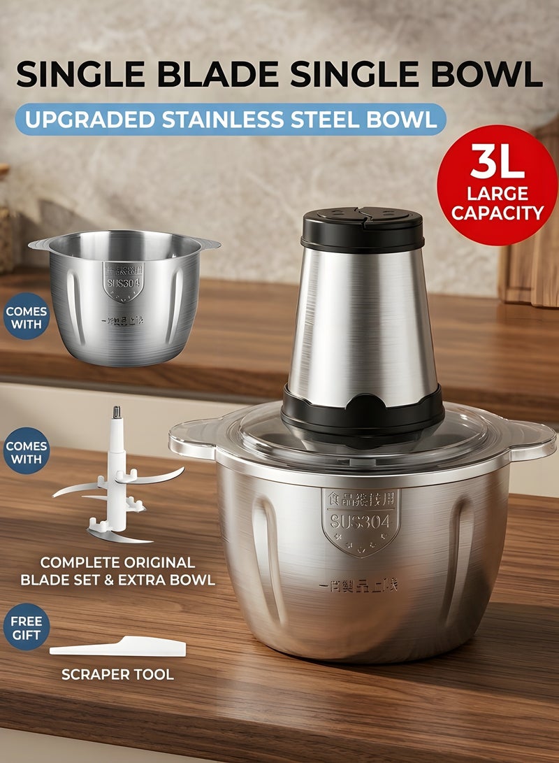 بيوينتي كهربائية الغذاء المروحية مع 3 لتر وعاء الفولاذ المقاوم للصدأ، 300 واط، 2 مستويات السرعة. طاحونة اللحوم الكهربائية خلاط طاحونة خلاط طاحونة اللحوم الفولاذ المقاوم للصدأ طاحونة كهربائية. - Image 2