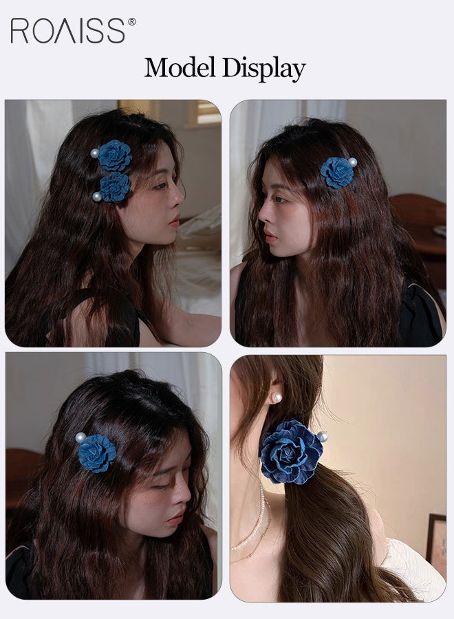 رويس 4 قطع من إكسسوارات الشعر من قماش الدنيم الأزرق، قطعة واحدة من دبوس شعر على شكل زهرة ولؤلؤة، قطعتان من دبوس شعر على شكل فيونكة، قطعة واحدة من رباط شعر وردي ثنائي اللون، مناسبة للارتداء اليومي، مشبك ذيل حصان، إكسسوارات شعر متعددة الاستخدامات - Image 2