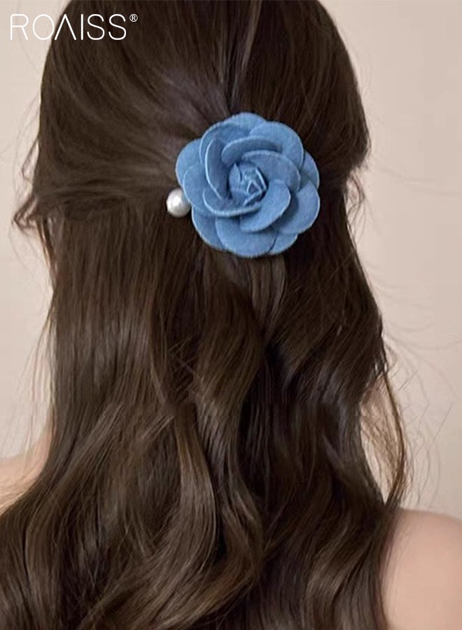 رويس 4 قطع من إكسسوارات الشعر من قماش الدنيم الأزرق، قطعة واحدة من دبوس شعر على شكل زهرة ولؤلؤة، قطعتان من دبوس شعر على شكل فيونكة، قطعة واحدة من رباط شعر وردي ثنائي اللون، مناسبة للارتداء اليومي، مشبك ذيل حصان، إكسسوارات شعر متعددة الاستخدامات - Image 3