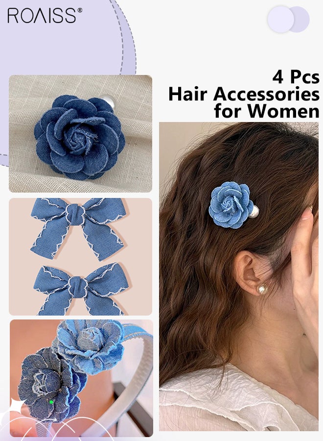 رويس 4 قطع من إكسسوارات الشعر من قماش الدنيم الأزرق، قطعة واحدة من دبوس شعر على شكل زهرة ولؤلؤة، قطعتان من دبوس شعر على شكل فيونكة، قطعة واحدة من رباط شعر وردي ثنائي اللون، مناسبة للارتداء اليومي، مشبك ذيل حصان، إكسسوارات شعر متعددة الاستخدامات - Image 1