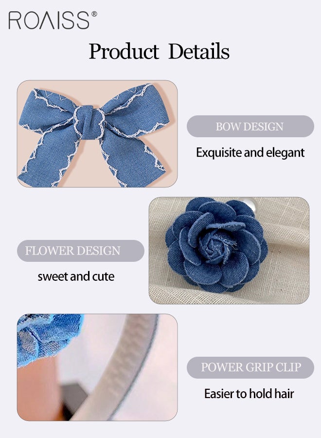 رويس 4 قطع من إكسسوارات الشعر من قماش الدنيم الأزرق، قطعة واحدة من دبوس شعر على شكل زهرة ولؤلؤة، قطعتان من دبوس شعر على شكل فيونكة، قطعة واحدة من رباط شعر وردي ثنائي اللون، مناسبة للارتداء اليومي، مشبك ذيل حصان، إكسسوارات شعر متعددة الاستخدامات - Image 4