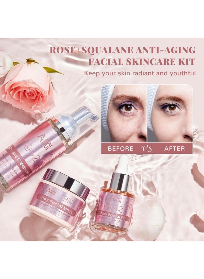 ANAI RUI - Anairui Skin Care Set Facial Kit For Women Rose & Squalane Face Wash And Moisturizer Set With Clay Mask Face Cleanser And Facial Oil Purify Hydrate Radiant Rose Travel Skincare Set - Image 1