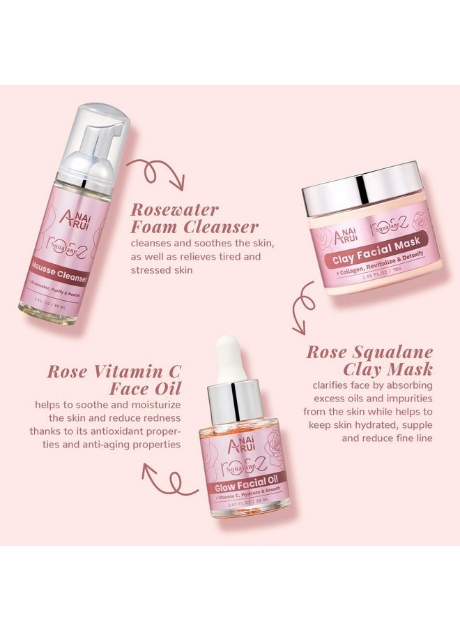 ANAI RUI - Anairui Skin Care Set Facial Kit For Women Rose & Squalane Face Wash And Moisturizer Set With Clay Mask Face Cleanser And Facial Oil Purify Hydrate Radiant Rose Travel Skincare Set - Image 1
