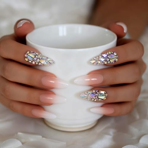 EchiQ Luxury Fake Nails Designer Extra Long Ombre French Jewelry Pre-designed Nails Natural Stiletto AB Stones Decoration Tips - Image 2