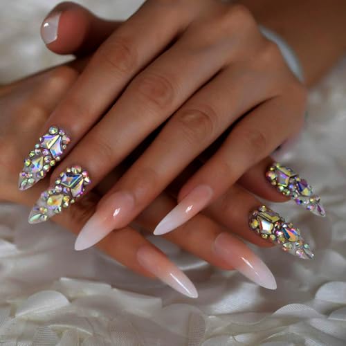 EchiQ Luxury Fake Nails Designer Extra Long Ombre French Jewelry Pre-designed Nails Natural Stiletto AB Stones Decoration Tips - Image 1