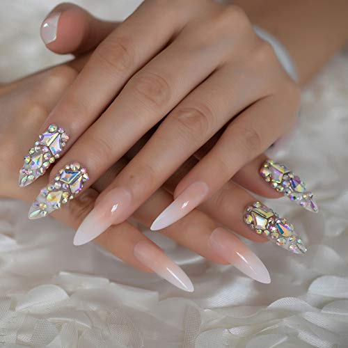 EchiQ Luxury Fake Nails Designer Extra Long Ombre French Jewelry Pre-designed Nails Natural Stiletto AB Stones Decoration Tips - Image 4