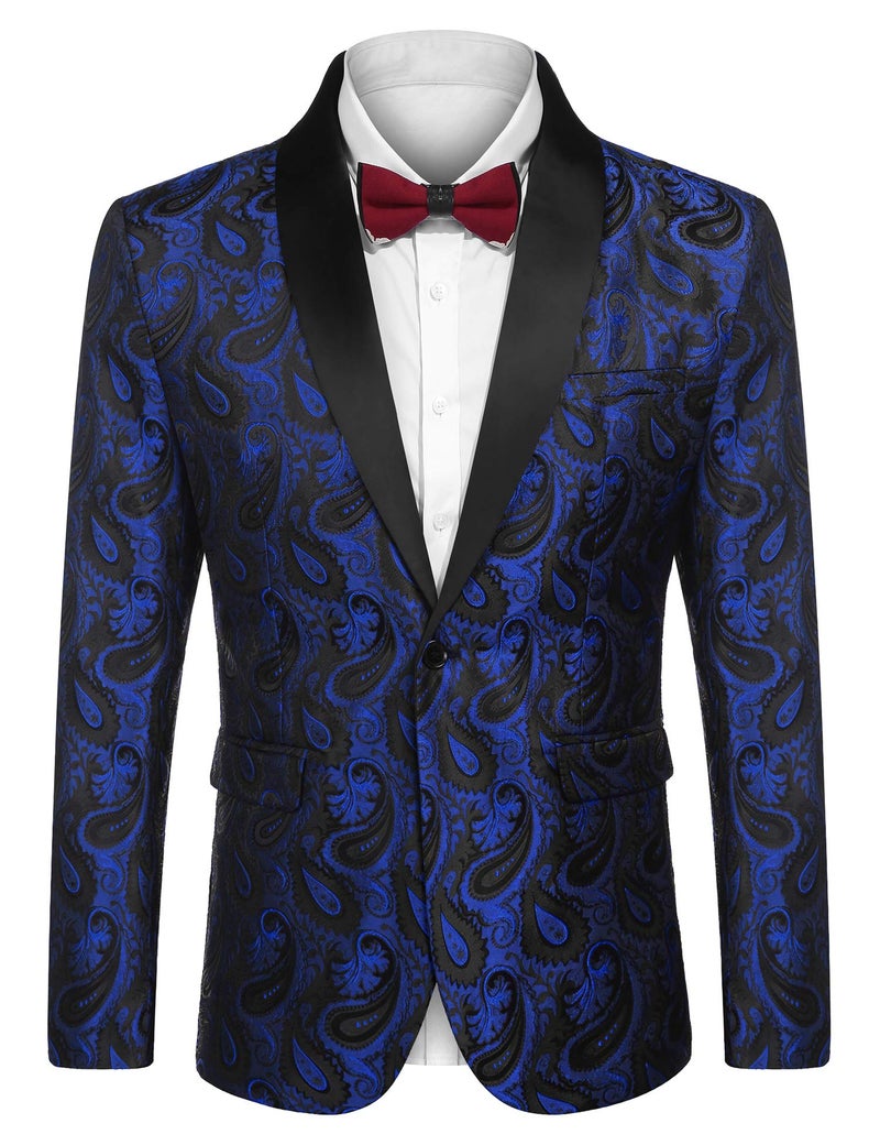 COOFANDY Mens Floral Tuxedo Jacket Paisley Suit Blazer Dinner Prom Jacket Halloween Tuxedo Blue - Image 1