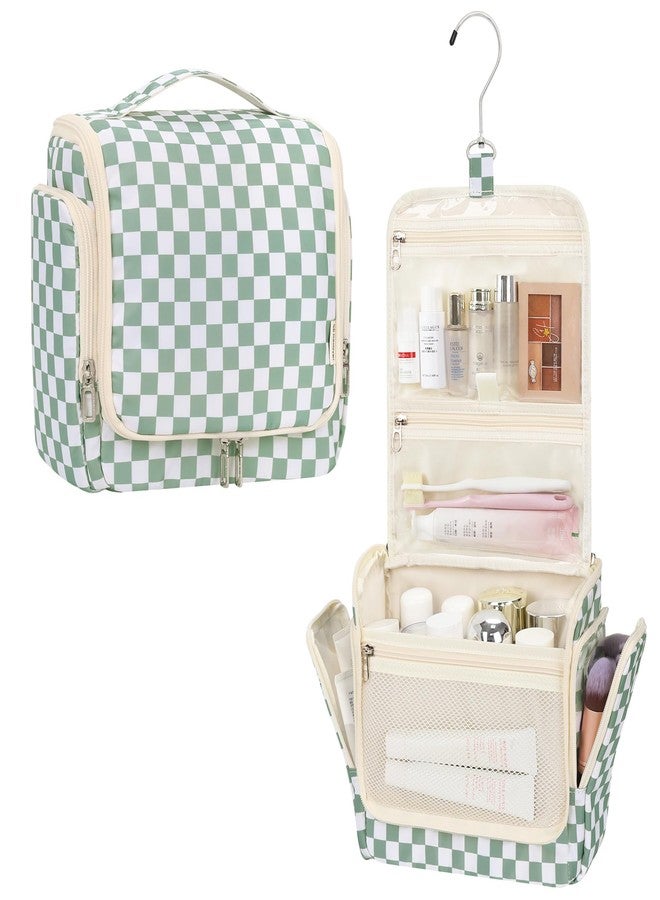 Relavel Travel Toiletry Bag for Women Makeup Bag Cosmetic Organizer Toiletries Bag with Hanging Hook for Travel Size Essentials Accessories Shower Caddy Bag for Bathroom Beach Gym, Green Checkerboard - Image 1