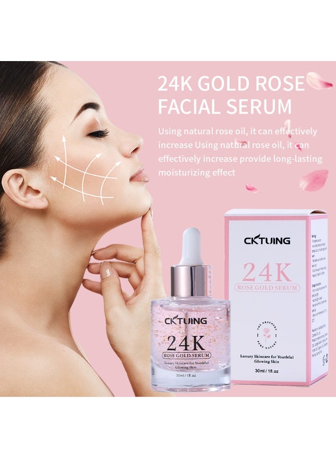 CKTUING 24K Rose Gold Face Serum with Gold Flakes, Hyaluronic Acid, Vitamin C & Niacinamide – Hydrating Anti-Aging Brightening Serum for Radiant Glow, Skin Firming & Moisturizing Care – 1 oz (30ml) - Image 4